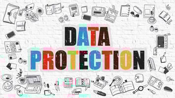 Data Protection Concept. Modern Line Style Illustration. Multicolor Data Protection Drawn on White Brick Wall. Doodle Icons. Doodle Design Style of Data Protection Concept.