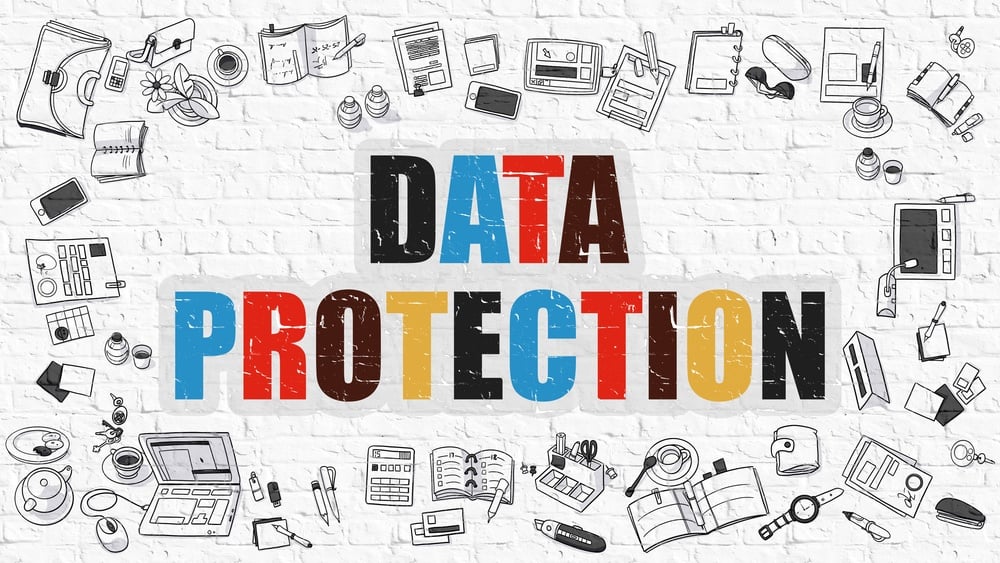 Data Protection Concept. Modern Line Style Illustration. Multicolor Data Protection Drawn on White Brick Wall. Doodle Icons. Doodle Design Style of Data Protection Concept.